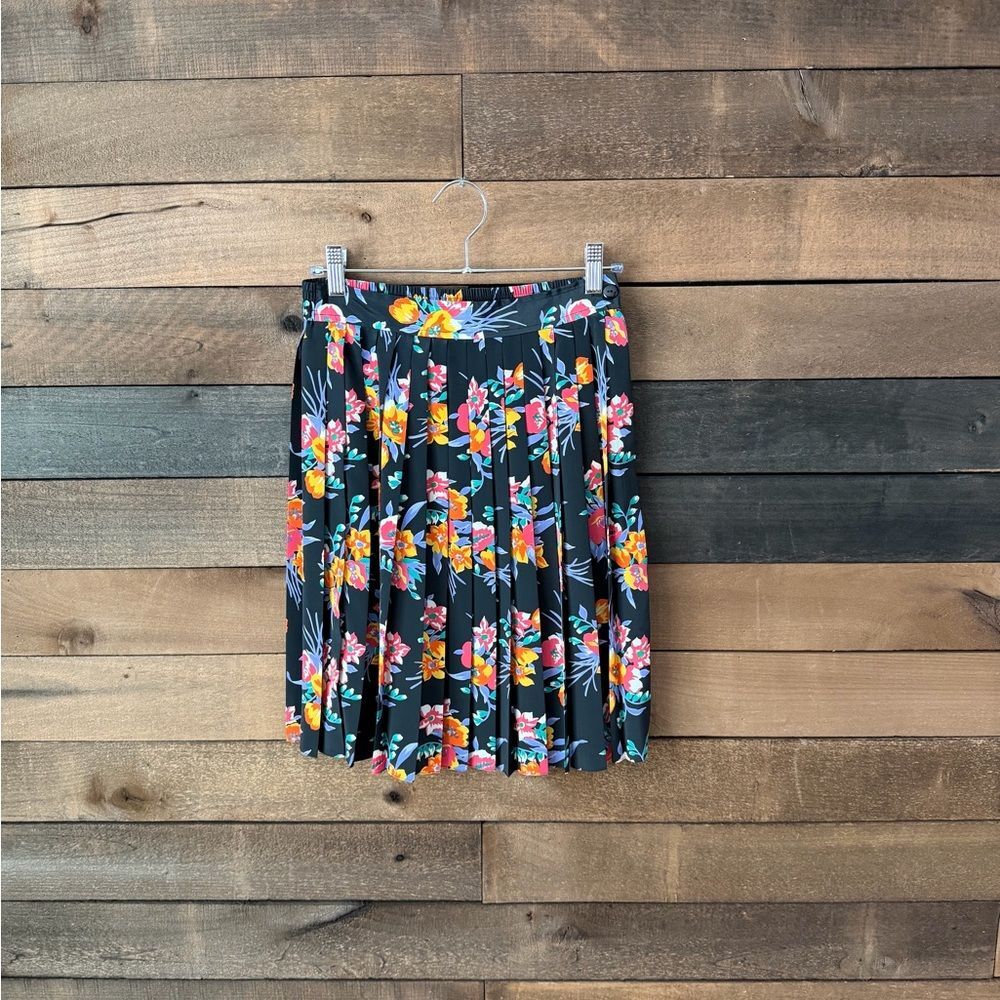 Vintage 90s Chaus Petites Floral Pleated Mini Skirt Elastic Back Waist - Picture 9 of 14